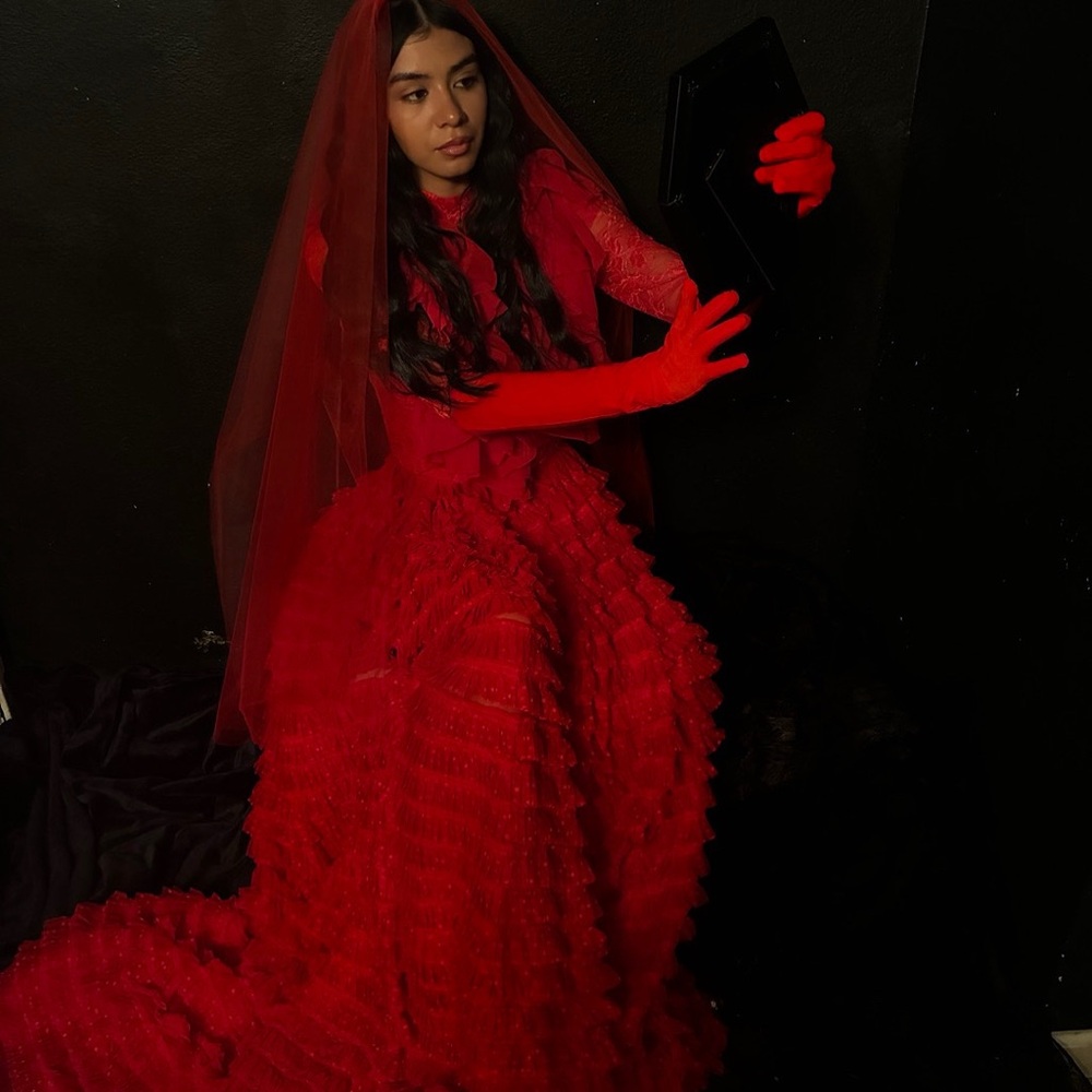 Lydia Deetz Beetlejuice Red wedding dress with Veil and Gloves